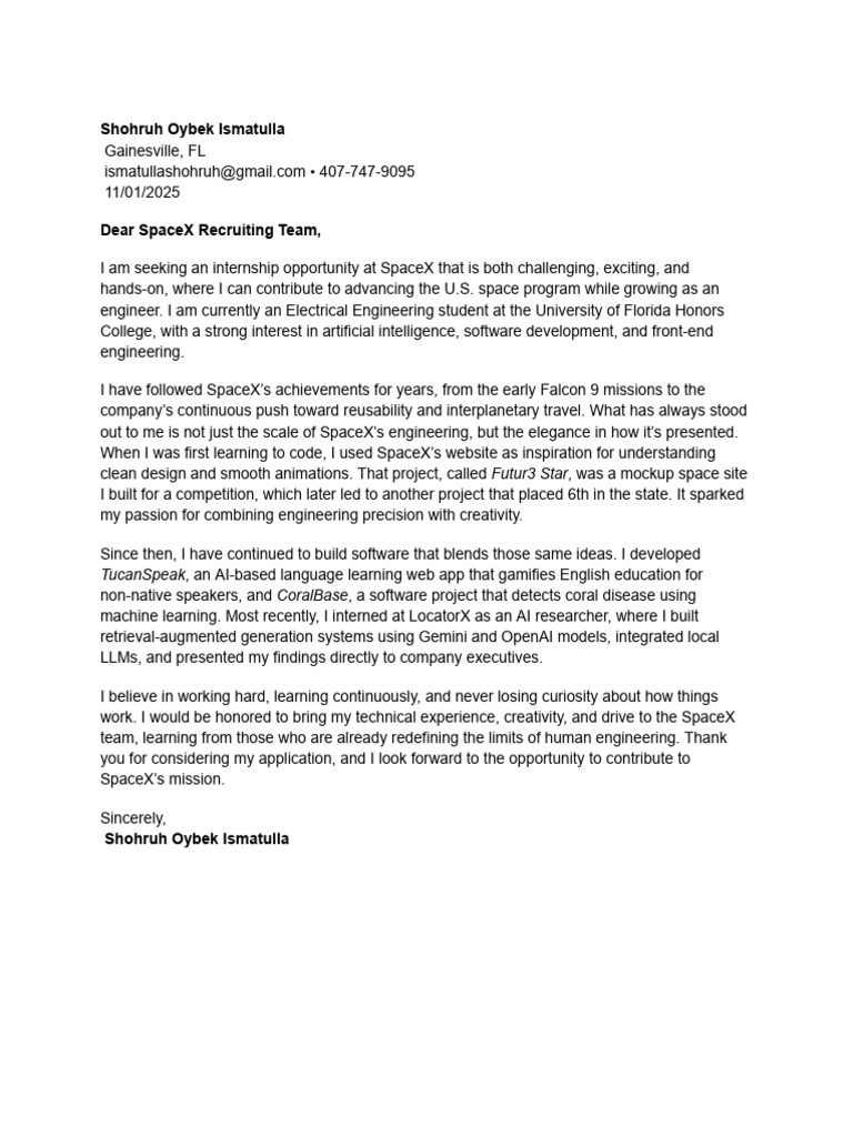 SpaceX Cover Letter | PDF