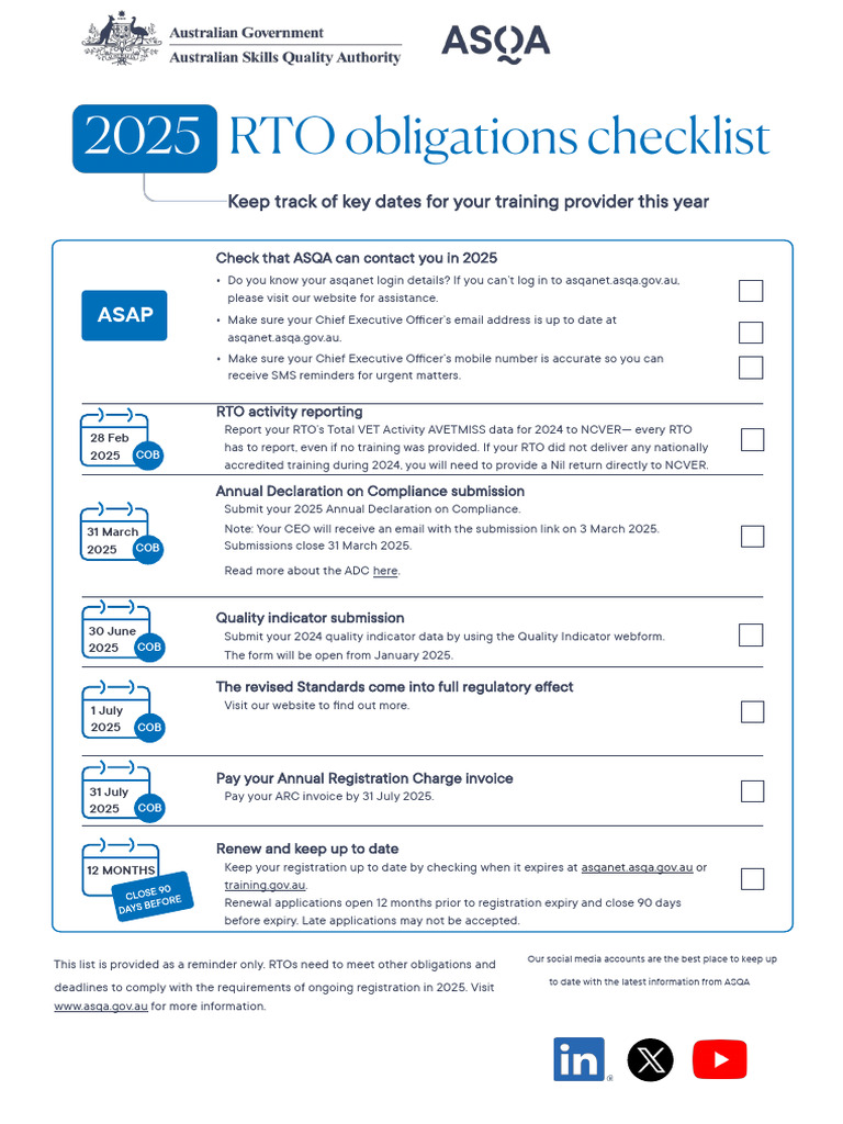 Key Dates for RTO Compliance 2025 | PDF