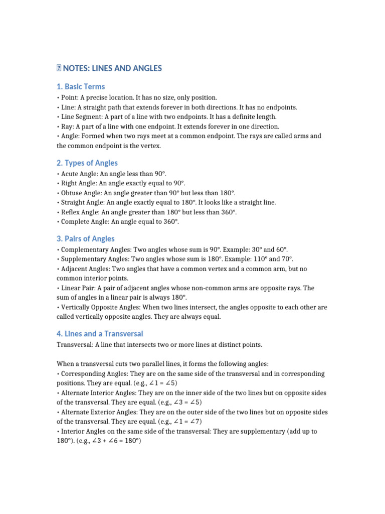 Lines and Angles Notes and Sums | PDF | Angle | Line (Geometry)