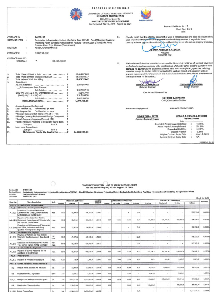 Progress Billing No. 3 For SIPAG Flood Mitigation Project (24E00123) | PDF