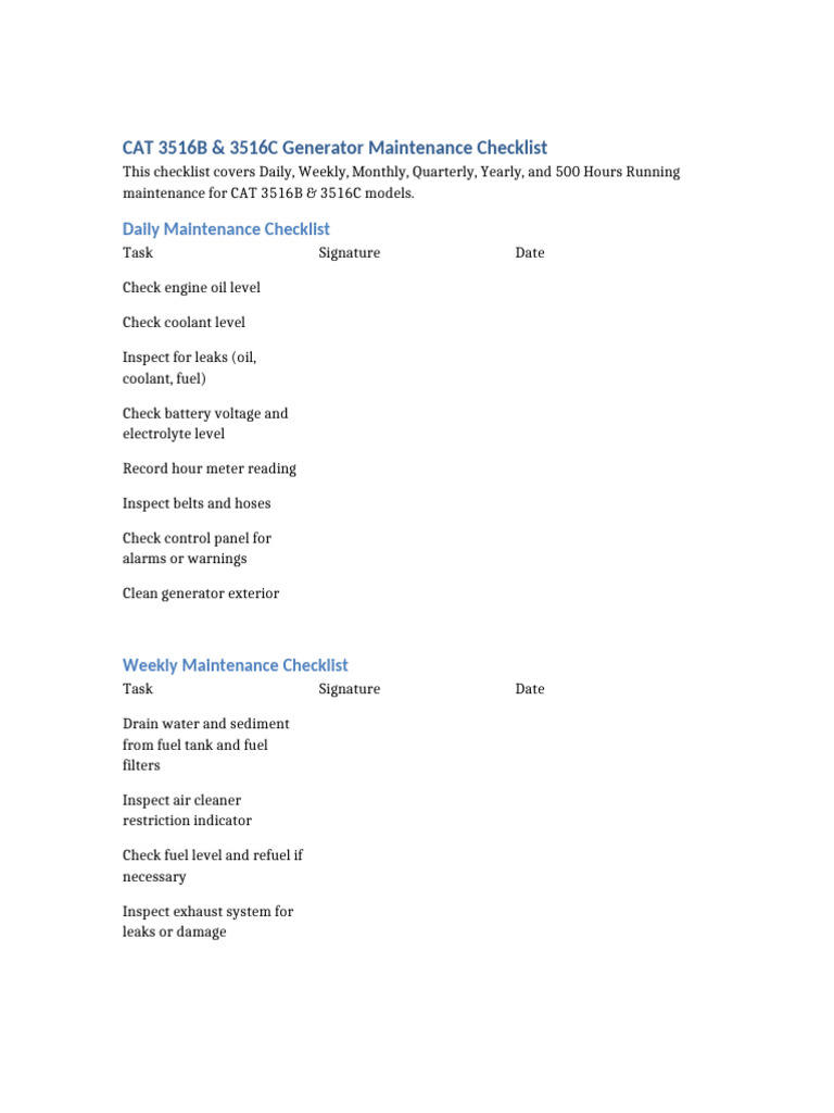 CAT 3516B & C Maintenance Checklist | PDF