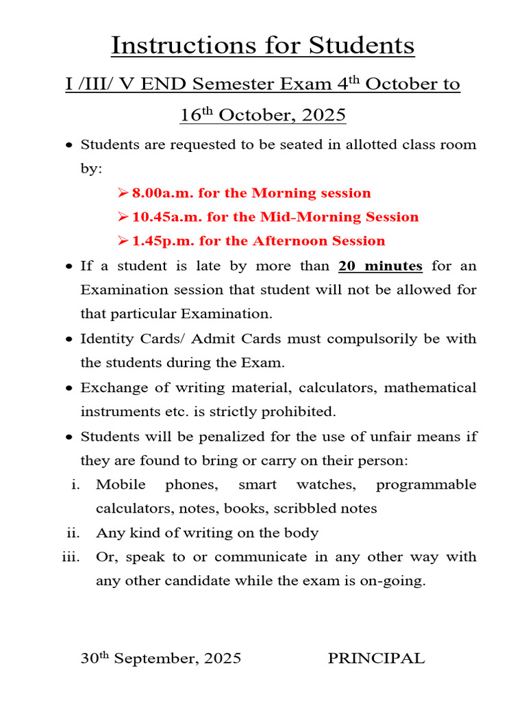 Exam Instructions for Students 2025 | PDF