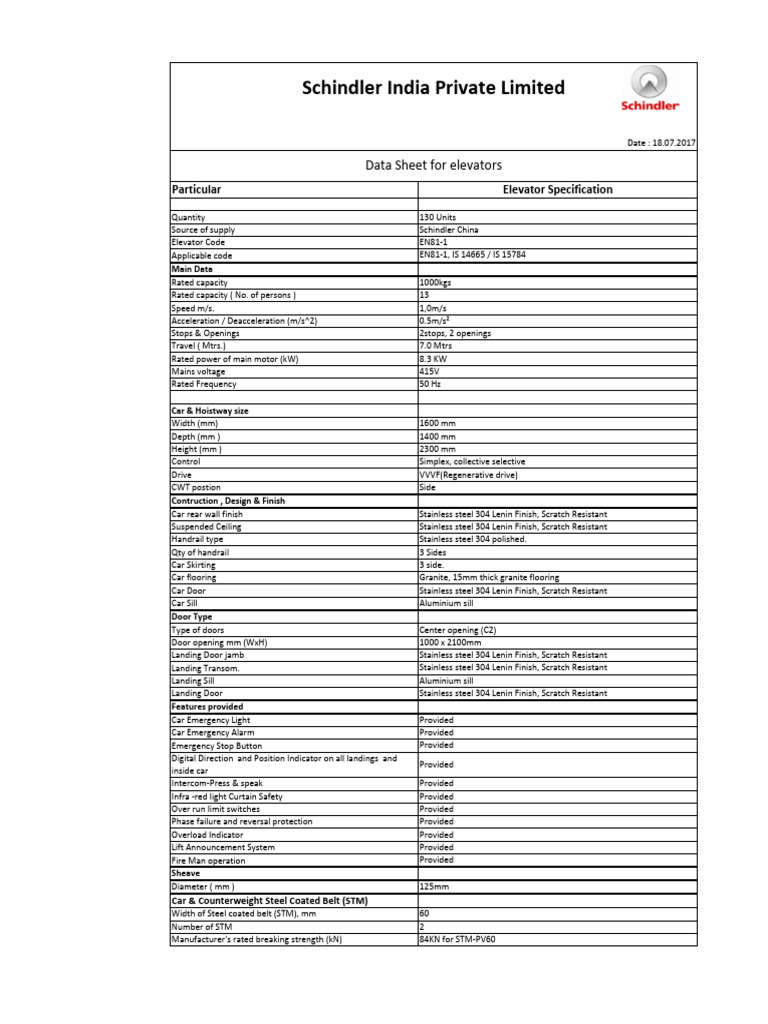 Schindler 3000 Elevator Specifications | PDF | Elevator | Alternating ...