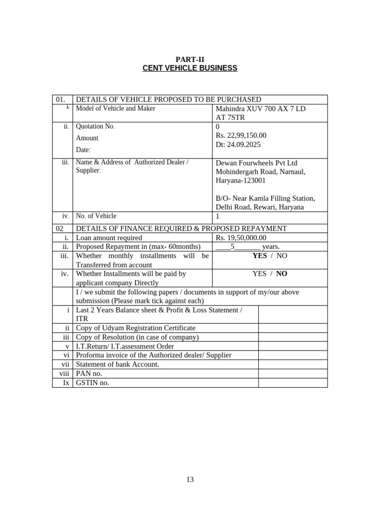 Vehicle Purchase and Finance Details | PDF