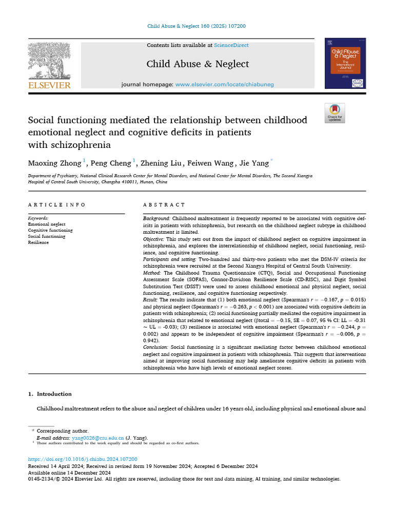 Artigo 1 - Child Abuse & Neglect | PDF | Multicollinearity | Schizophrenia