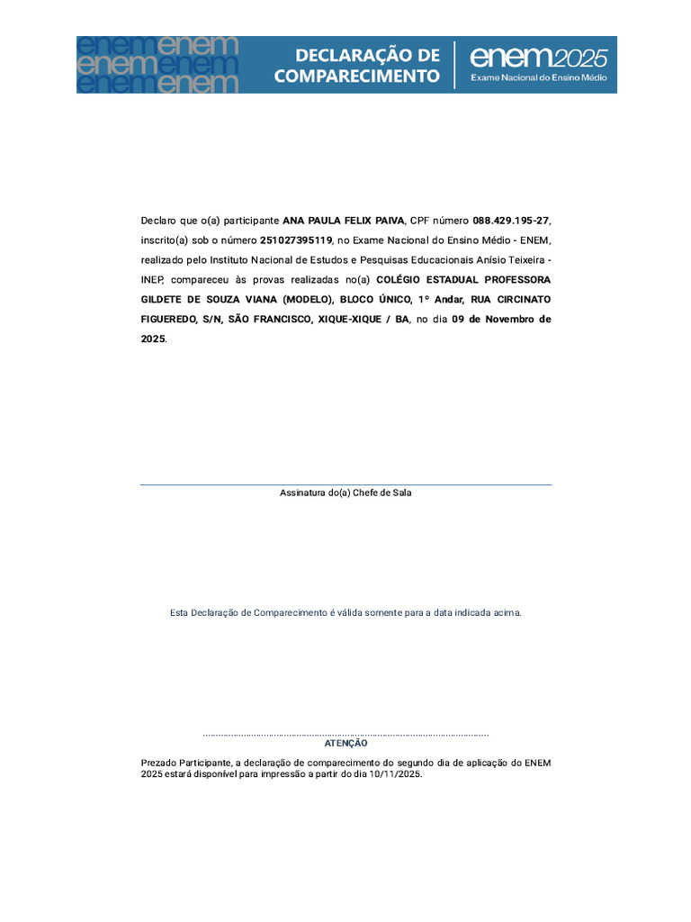 Declaração de Comparecimento ENEM 2025 | PDF