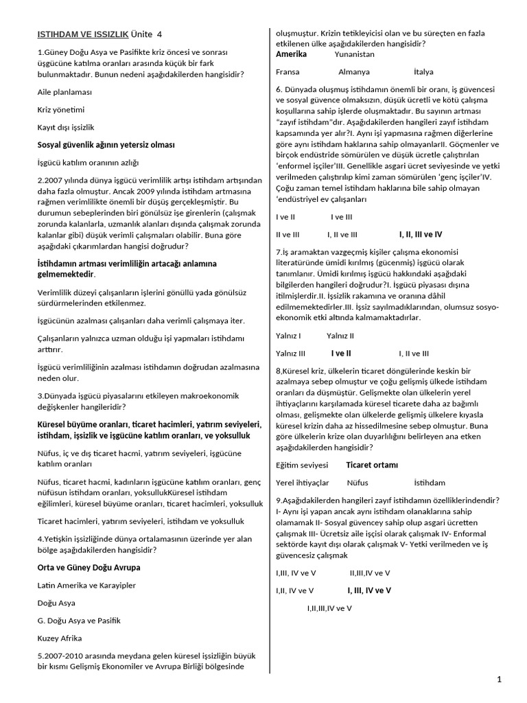 Istihdam Ve Issizlik Unite 4 Sorular | PDF