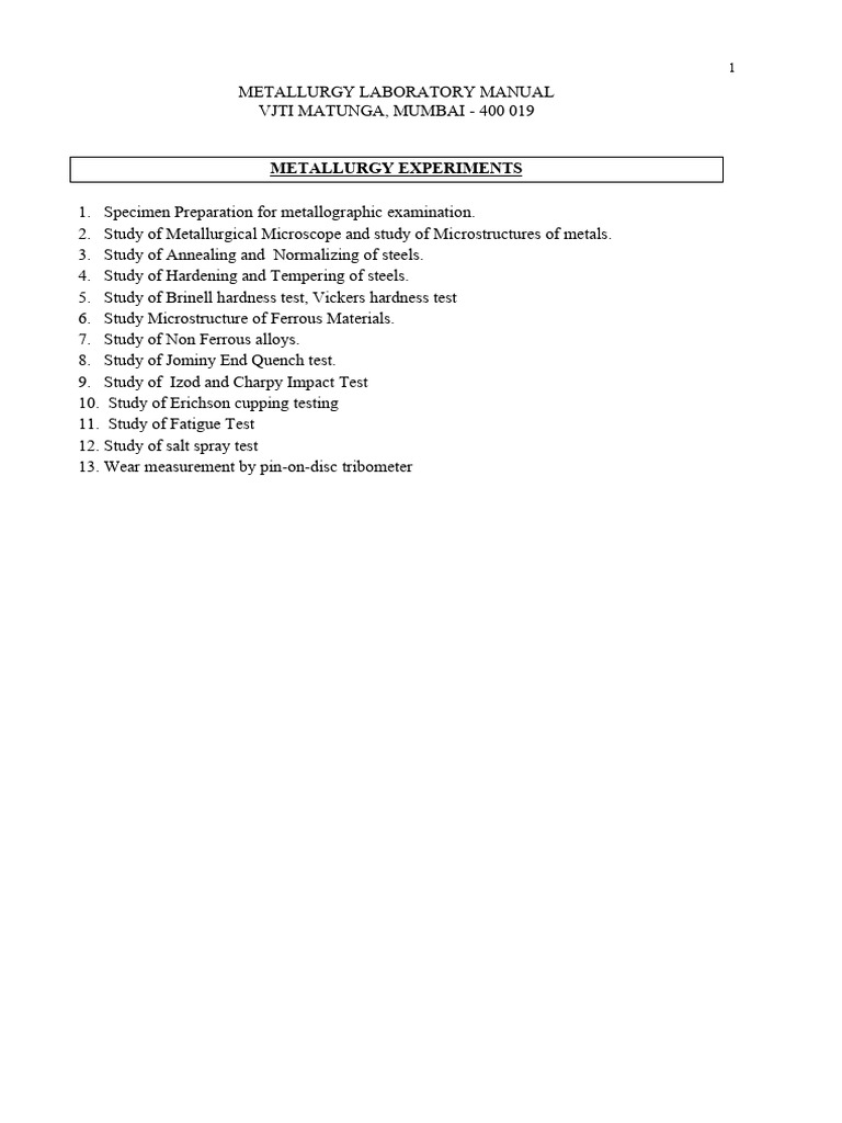 Metallurgy Laboratory Manual Overview | PDF | Heat Treating | Steel