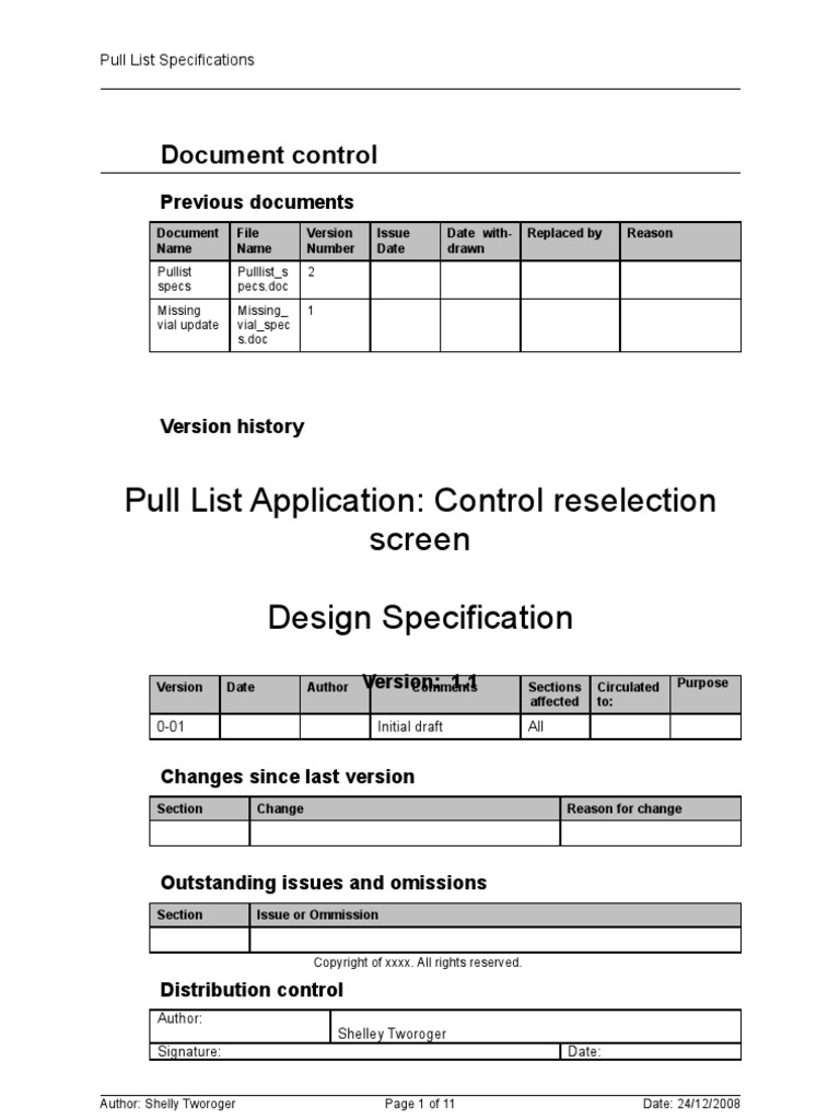 Pull List Application: Control Reselection Screen Design Specification ...