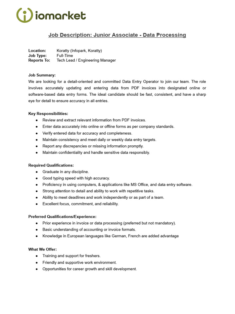 Job Description_ Junior Associate - Data Processing | PDF