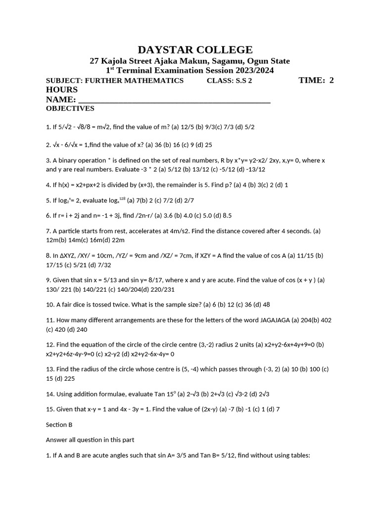 Further Maths Ss2 Mr Segun[1] 6665 | PDF | Circle | Euclidean Geometry