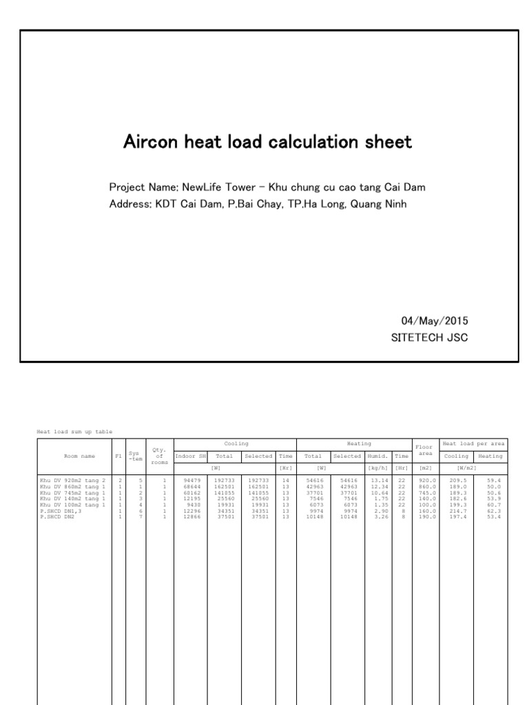 Aircon Heat Load Calculation Sheet | PDF | Roof | Ventilation ...