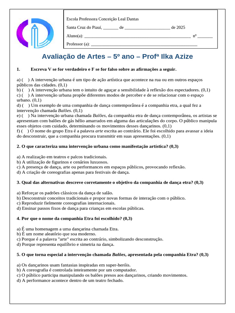 Avaliação de Artes para 5º Ano | PDF | Danças | Teatro