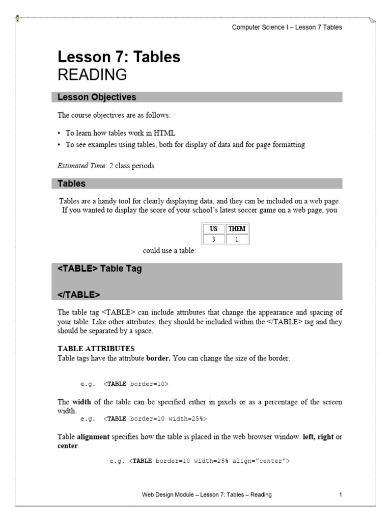 HTML Tables in Web Design Lesson 7 | PDF | Web Design | Computing