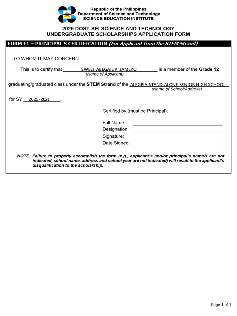 DOST-SEI 2026 Principal's Certification Form | PDF