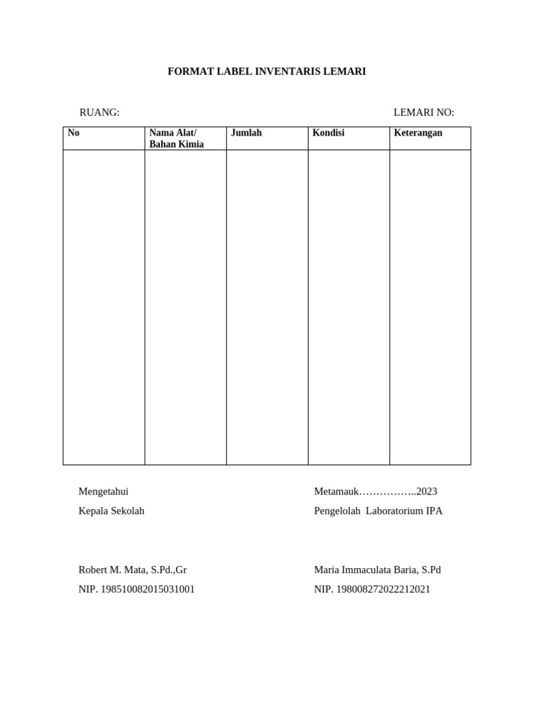 Format Inventaris Lemari Laboratorium | PDF