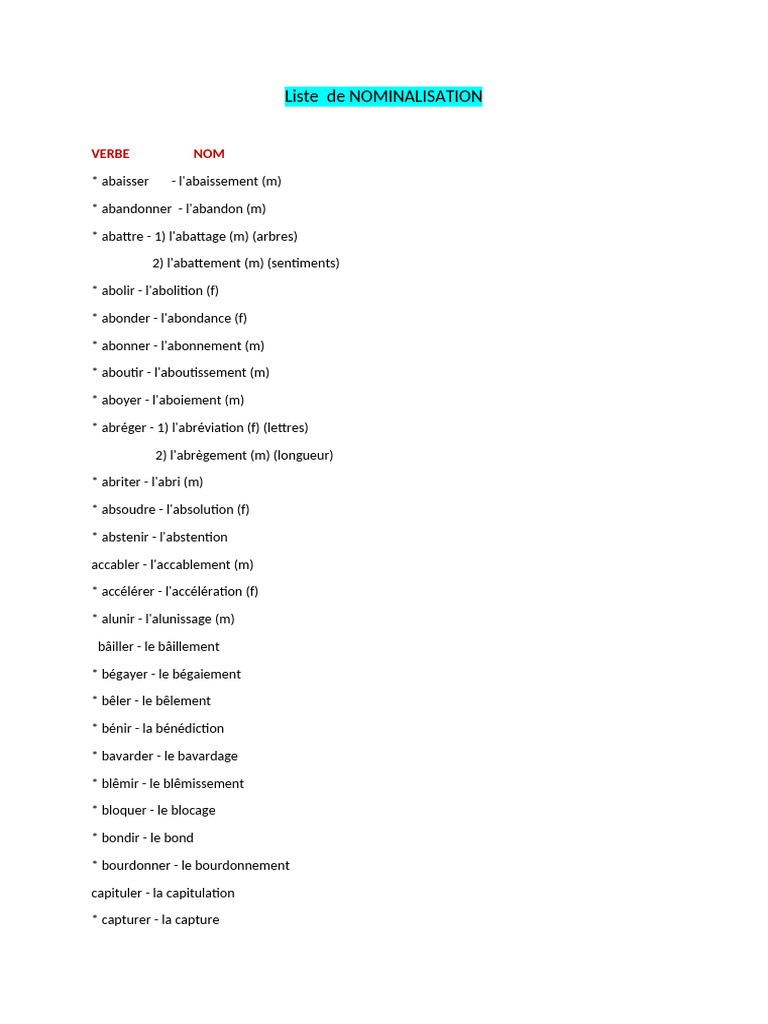 Liste de nominalisations en français | PDF