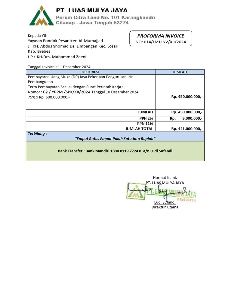 Proforma Invoice Pembayaran Izin Pembangunan | PDF
