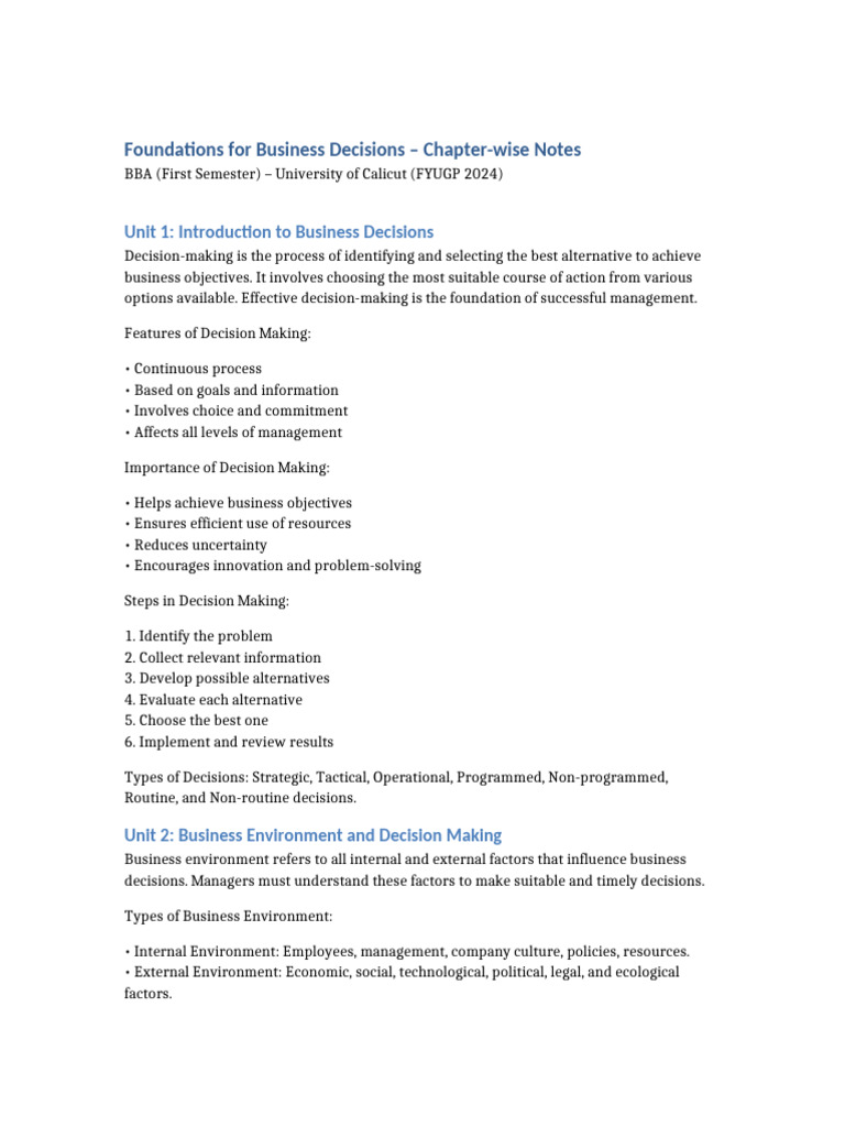 Chapter Notes on Business Decisions | PDF | Decision Making ...