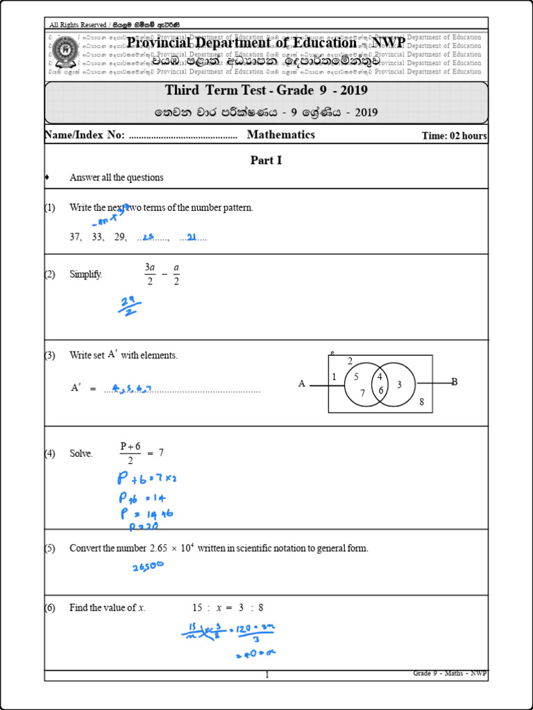 Grade 9 Maths Third Term Test 2019 | PDF | Area | Elementary Mathematics
