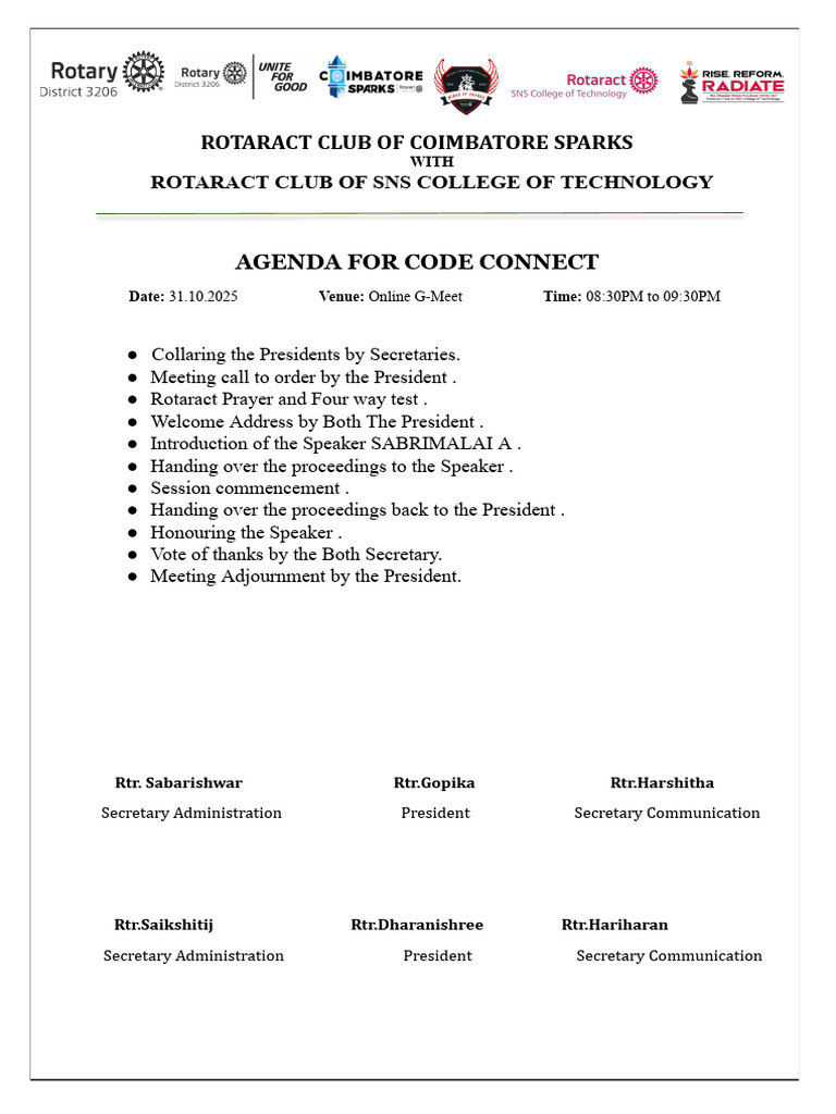 Code Connect Agenda for Rotaract Meeting | PDF