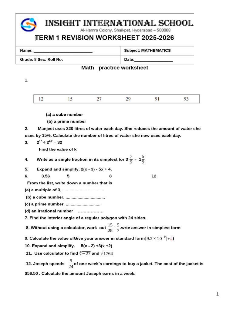 Math Practice Worksheet for Students | PDF | Numbers | Angle