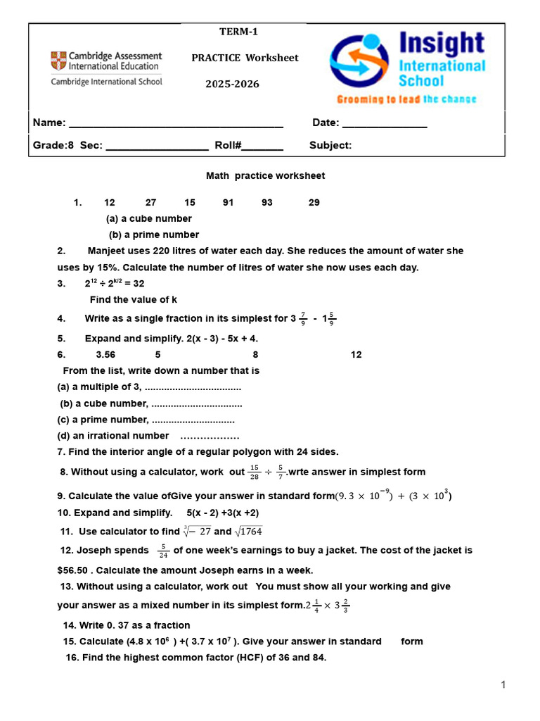 Term-1 Math Practice Sheet G8 | PDF | Numbers | Percentage