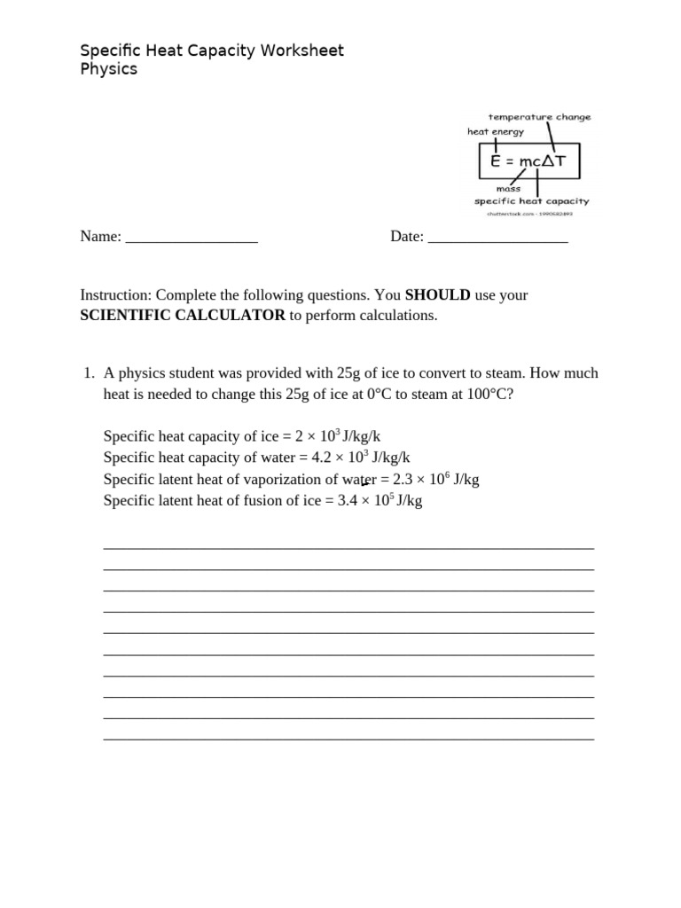 Specific Heat Capacity Worksheet | PDF | Heat Capacity | Heat