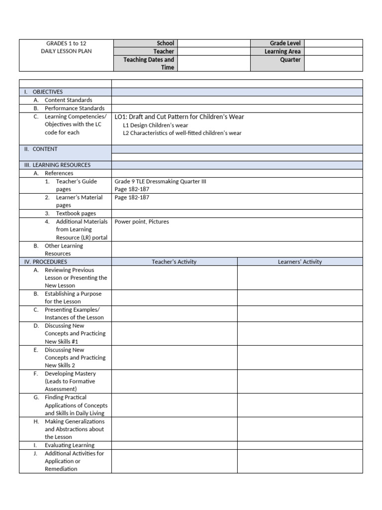 Daily Lesson Plan for Grade 9 TLE | PDF | Lesson Plan | Learning