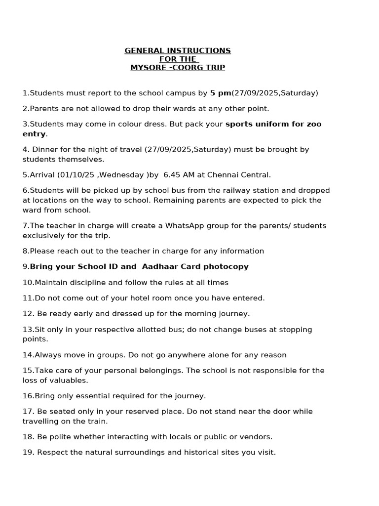 Mysore-Coorg Trip Guidelines for Students | PDF
