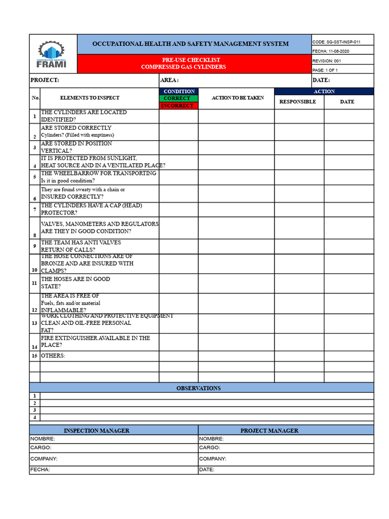 Compressed Gas Cylinder Safety Checklist | PDF