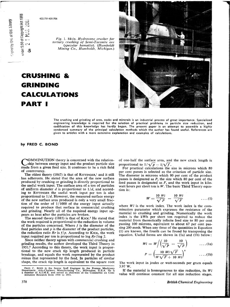 Bond F C 1961 Crushing and Grinding Calculations | PDF