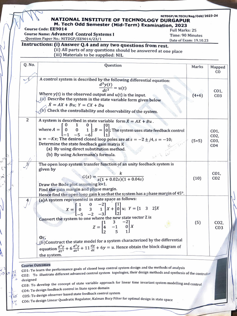 Advanced Control Systems 1 PYQ | PDF