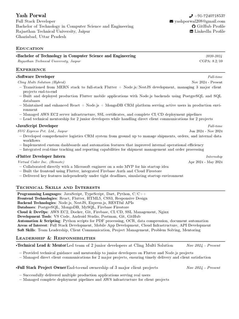 Yash Porwal: Full Stack Developer Profile | PDF | Computing | Software ...