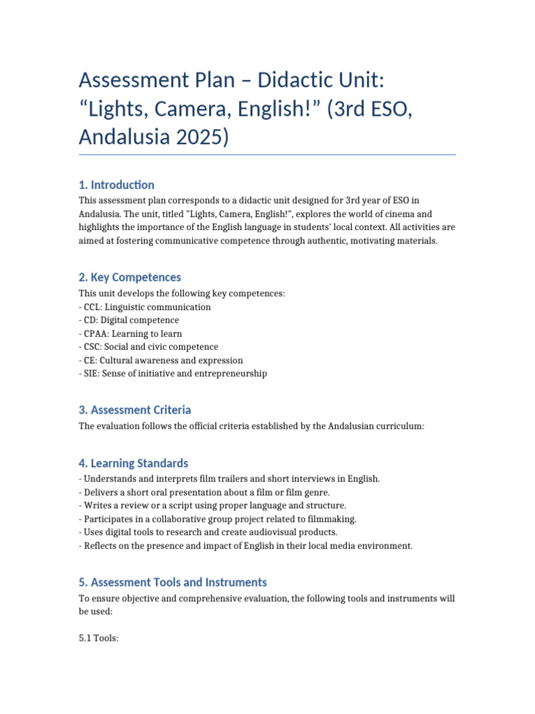 Assessment Plan for English Cinema Unit | PDF | Learning | Human ...