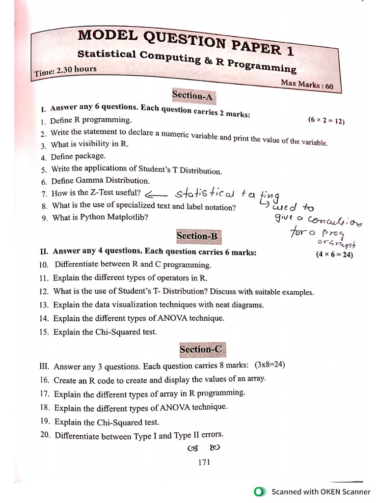 Statistical Computing N R Programming Model Question Papers | PDF