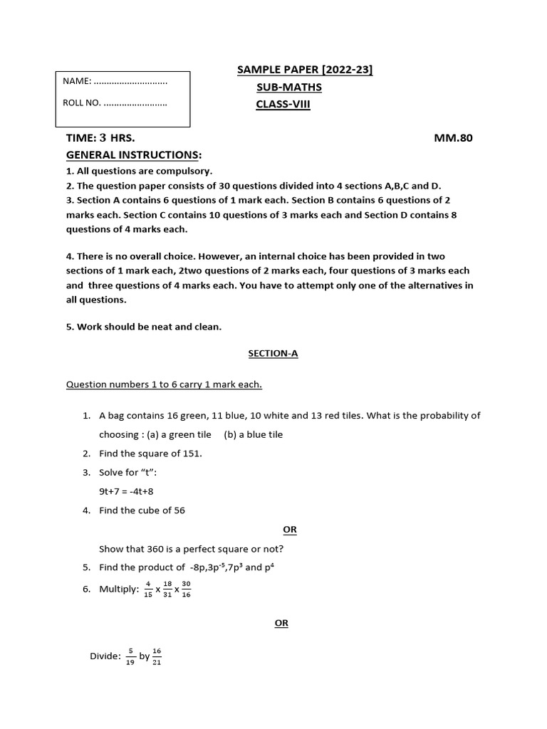Class 8 Math Sample Paper 2022-23 | PDF | Number Theory | Mathematics