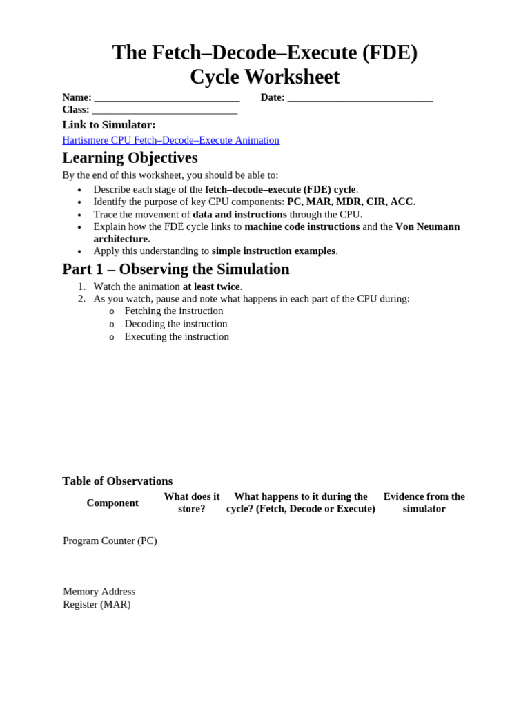 Fetch Decode Execute Worksheet | PDF | Central Processing Unit ...