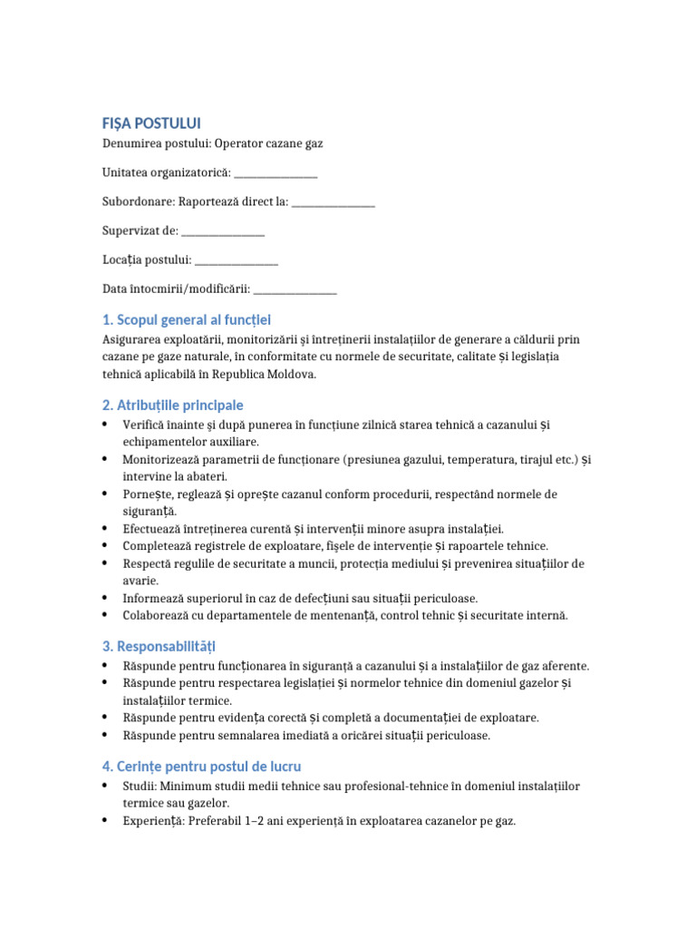 Fisa Postului Operator Cazane Gaz MD | PDF
