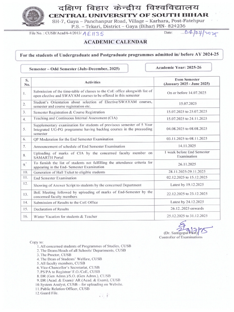 Academic Calendar AY 2025-26 For Ongoing Batches UG and PG Students F ...