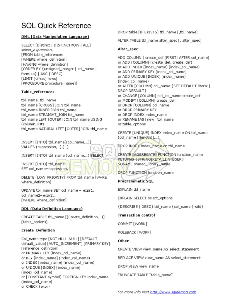 Sql Quick Reference Examples , SQL Cheat Sheet Download PDF it in PDF ...