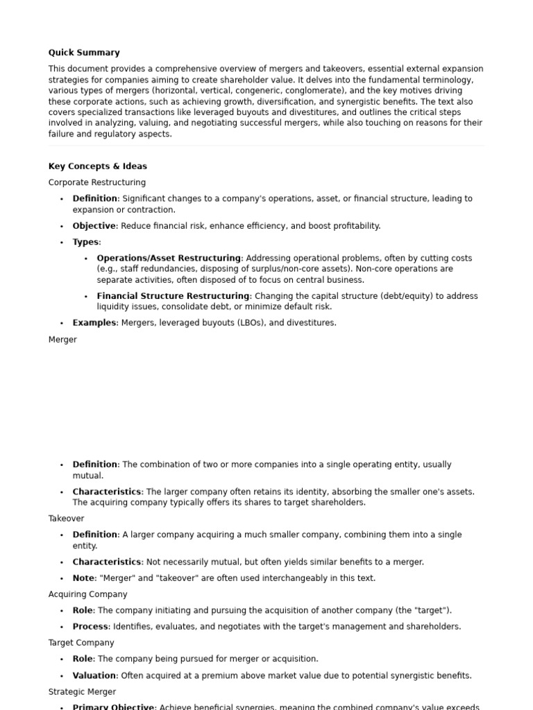 Quick Summary LU 7 Part | PDF | Mergers And Acquisitions | Leveraged Buyout