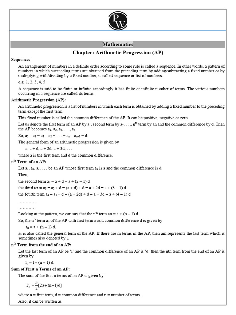 686f8fe248444ad5bf63f861_##_Arithmetic Progressions Short Notes | PDF ...