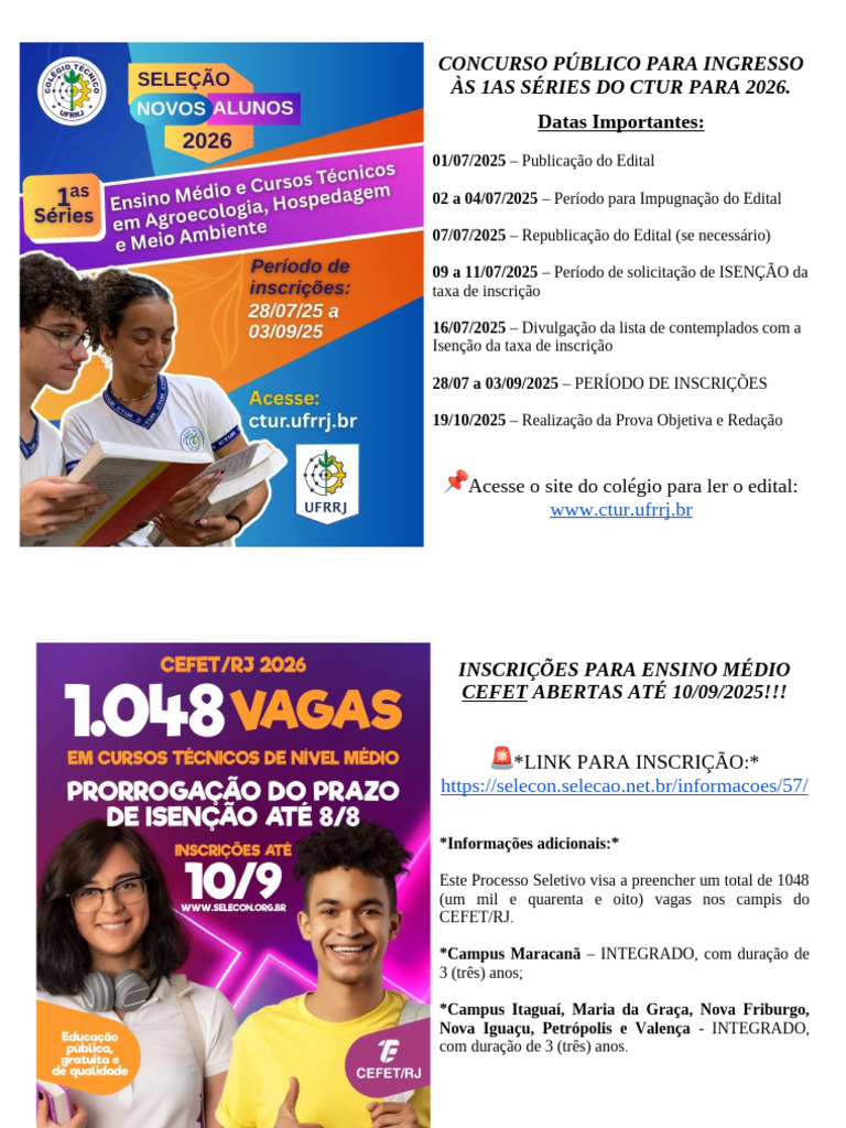 Inscrições Ensino Médio 2026: CTUR e CEFET | PDF