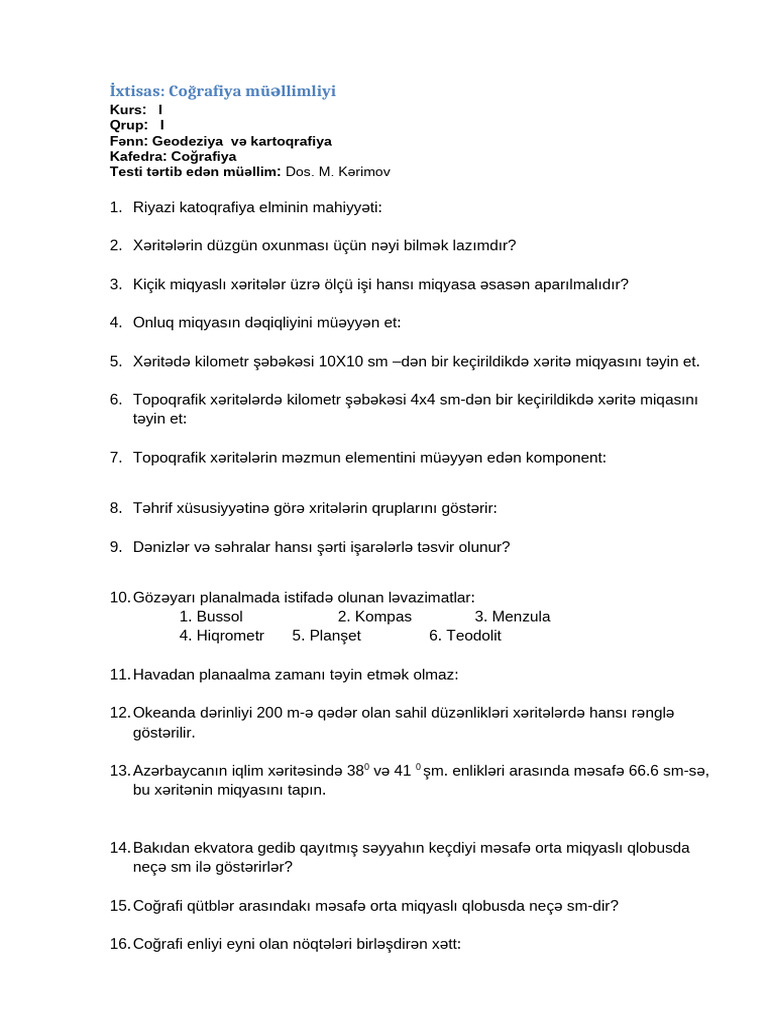 M.kərimov Geodeziya Test - Dekanlıq | PDF