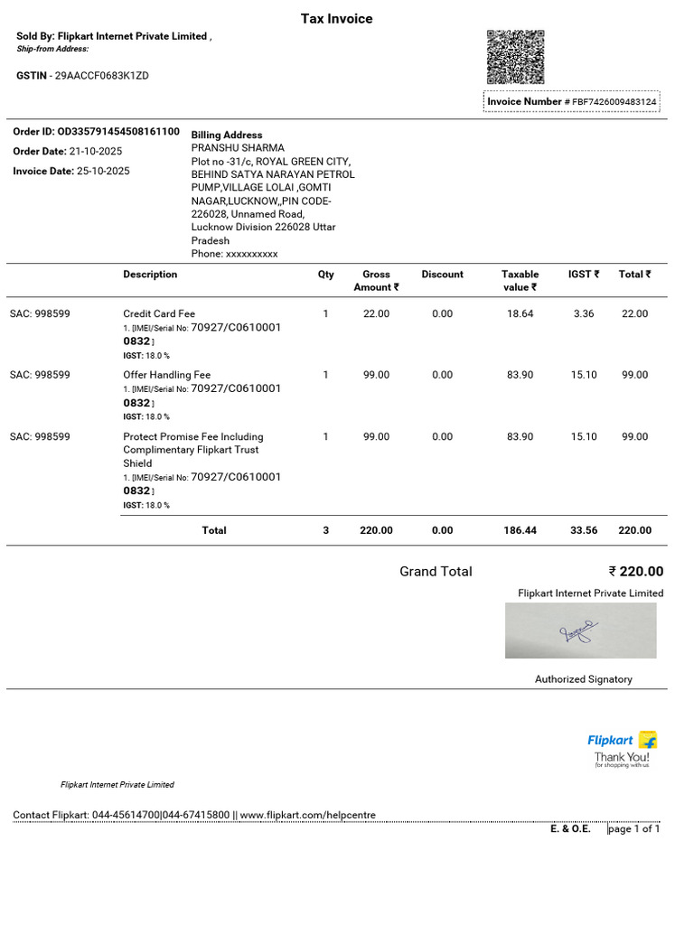 Flipkart Invoice for Xiaomi QLED TV | PDF | Payments