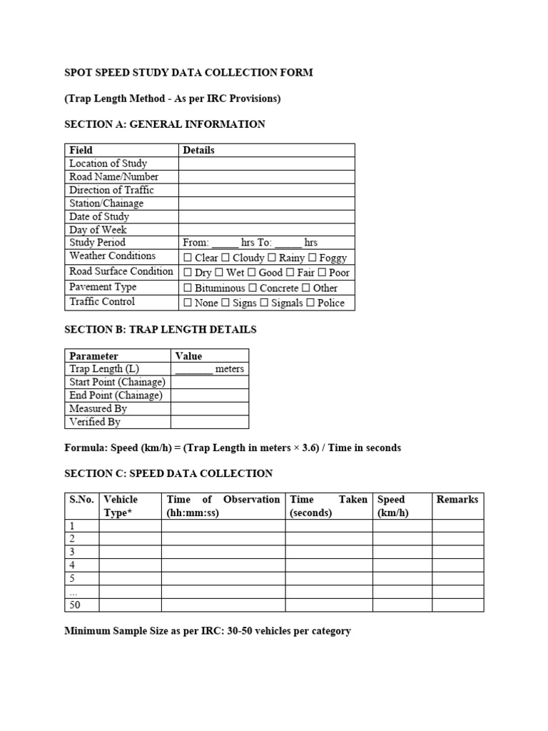 Spot Speed Study Data Collection Form | PDF | Speed Limit | Road