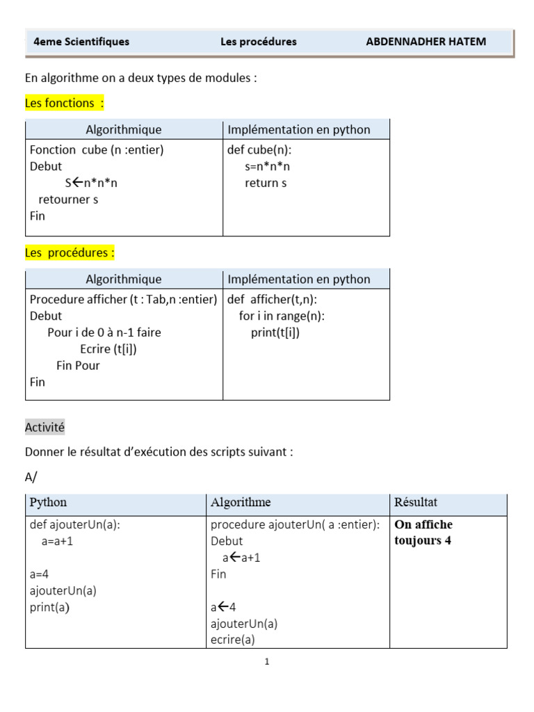 Algorithmes et Procédures en Python | PDF | Python (Langage de ...