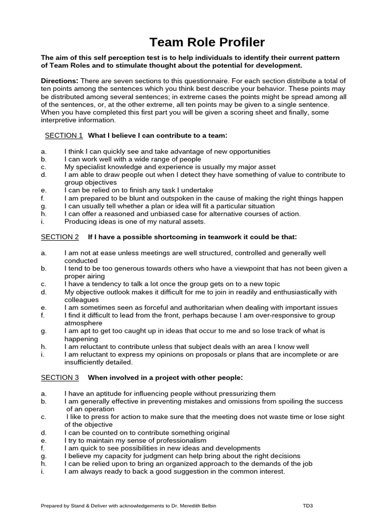 Team Role Self-Assessment Tool | PDF | Cognition | Social Psychology