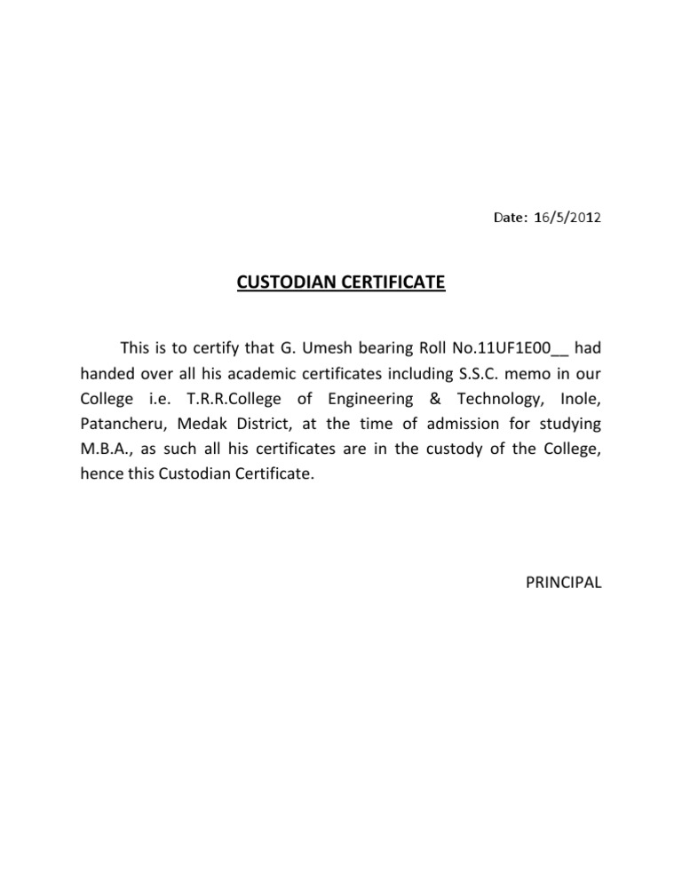 Custodian Certificate